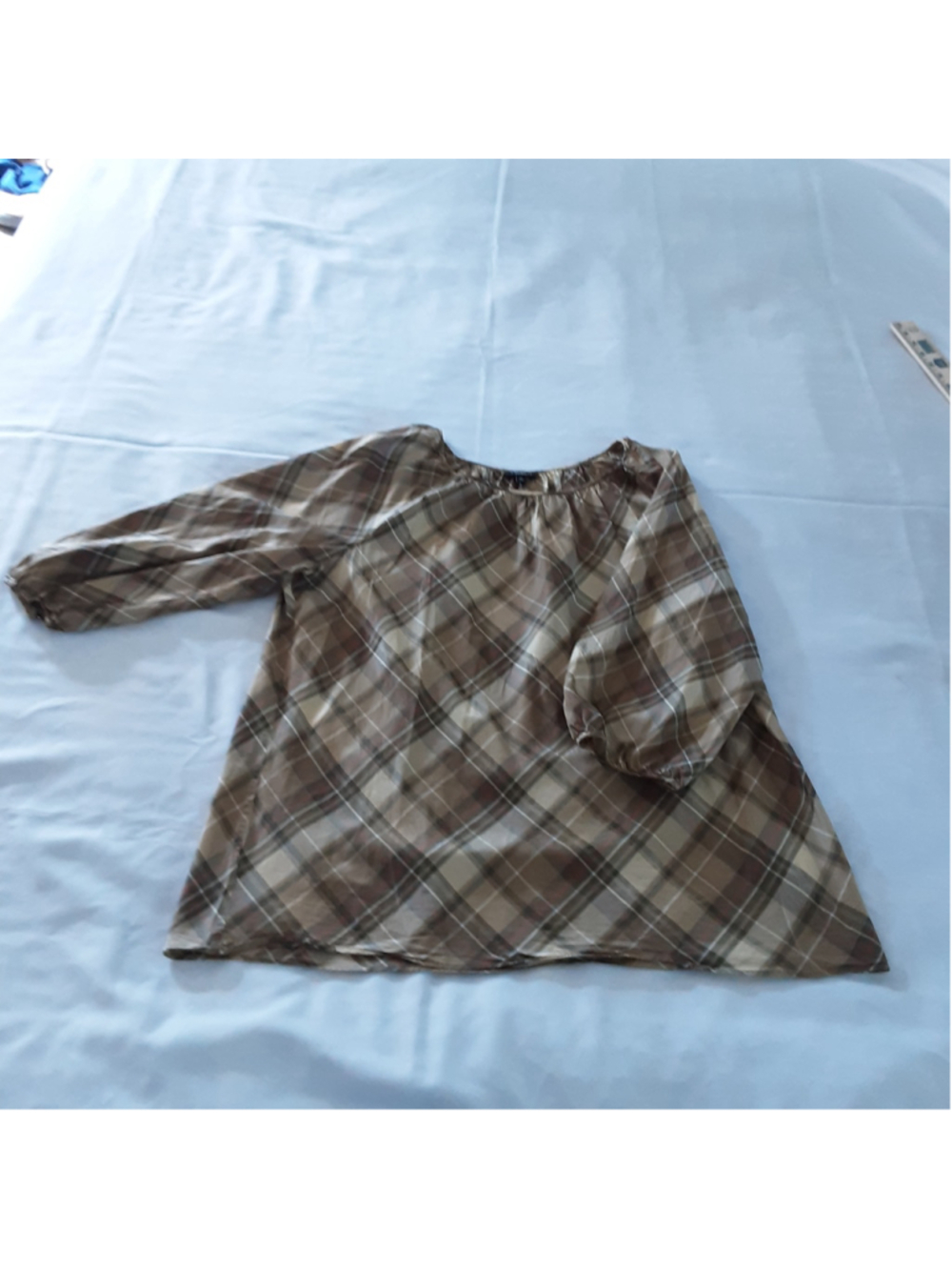 Talbots 100% Silk Plaid Blouse Women’s XL Brown Beige 3/4 sleeve